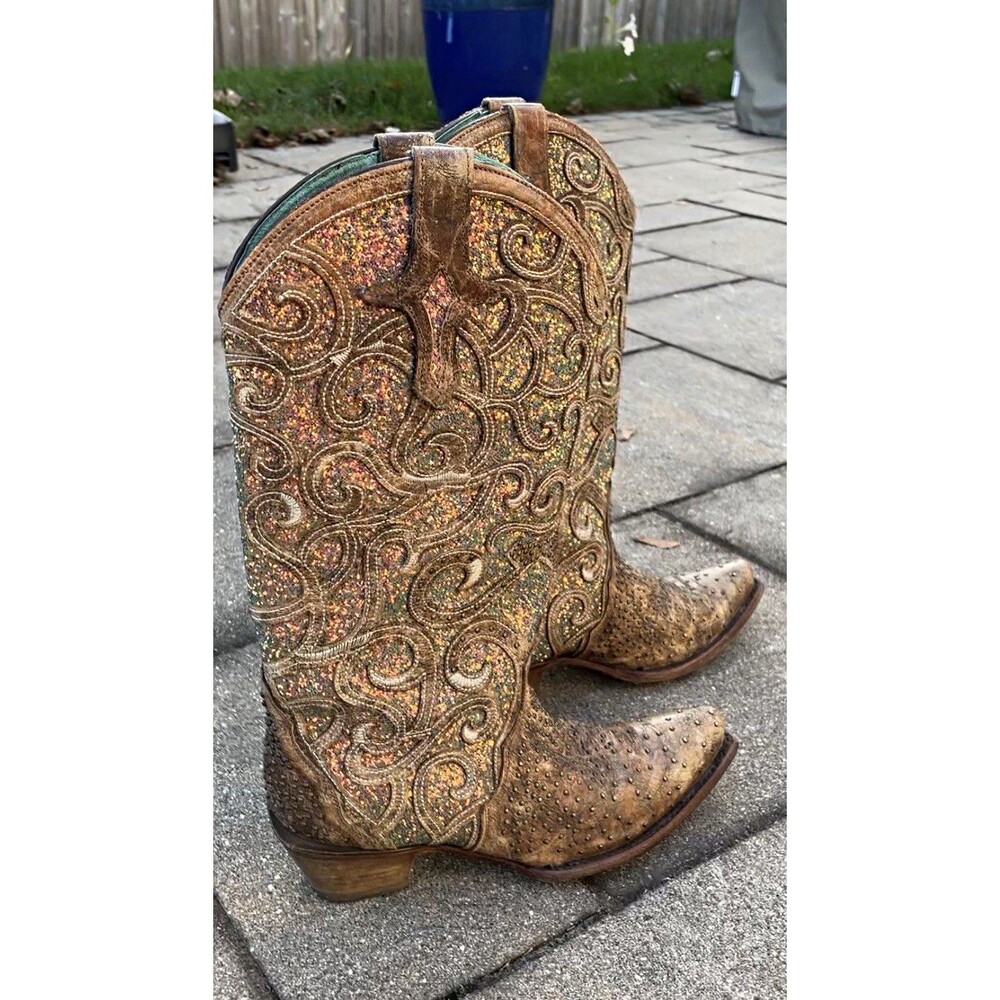 Corral C3467 Women’s Cognac Glitter Inlay Studded Cowboy Boots Snip Toe Size 9